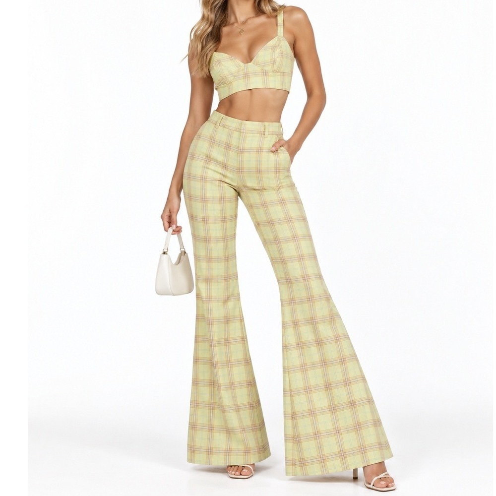 Cider Womens Yellow Plaid 2-Piece Set Bustier Crop Top High Rise Flare Pants Y2K